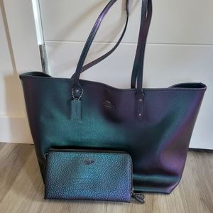 Coach Tote and Double Zip Wallet Iridescent, Oil Slick, Mermaid